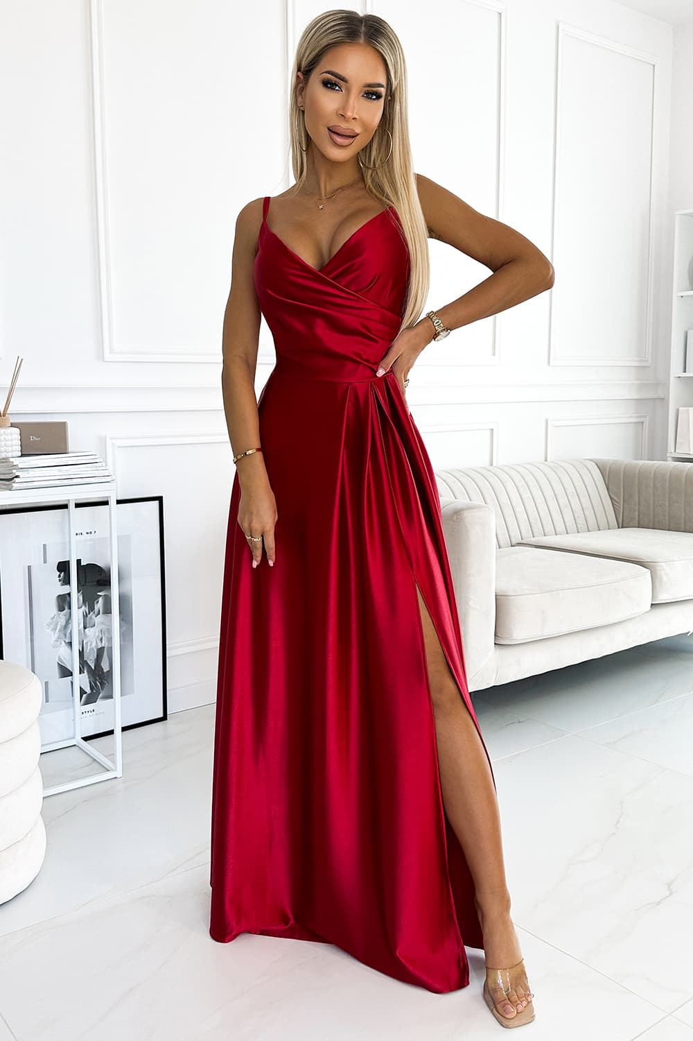 299-14 CHIARA rochie lungă elegantă de satin pe umeri - ROȘIE