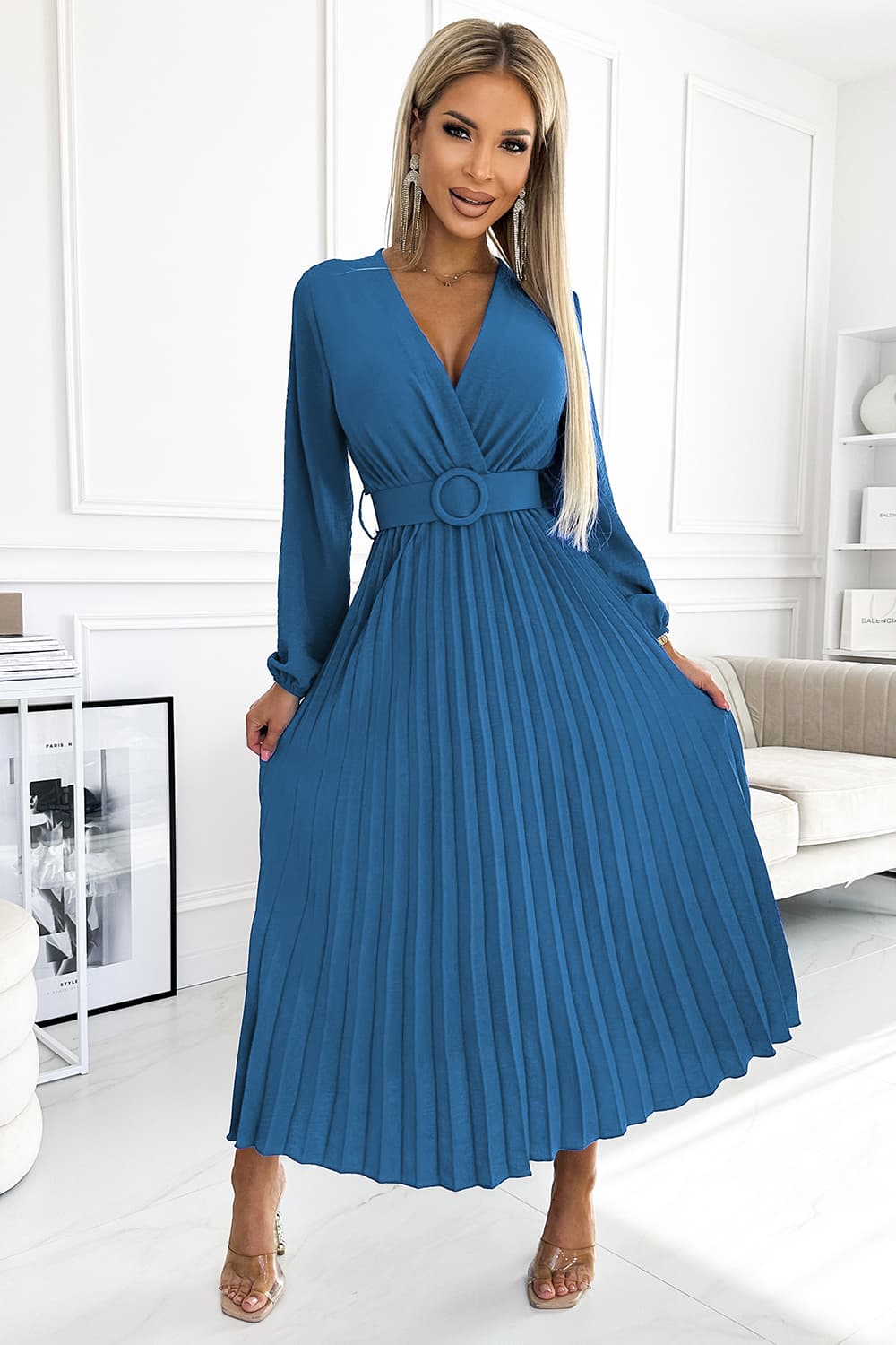 504-5 VIVIANA Rochie plisată midi cu decolteu, mânecă lungă și cordon lat - culoare JEANS