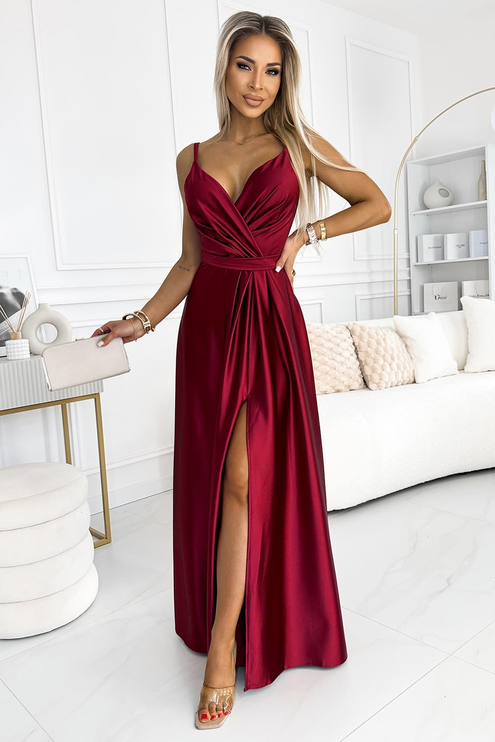 512-6 JULIET rochie lungă elegantă de satin cu decolteu și slit pe picior - VISINIU