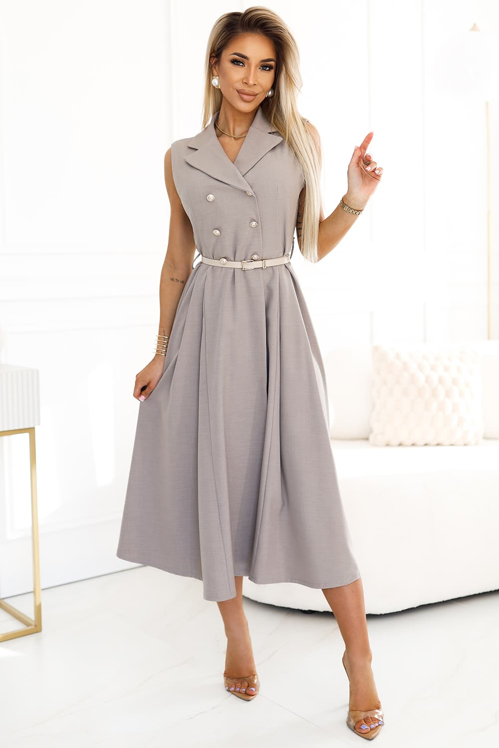 596-2 Rochie camasa midi eleganta cu nasturi si curea aurii - bej gri