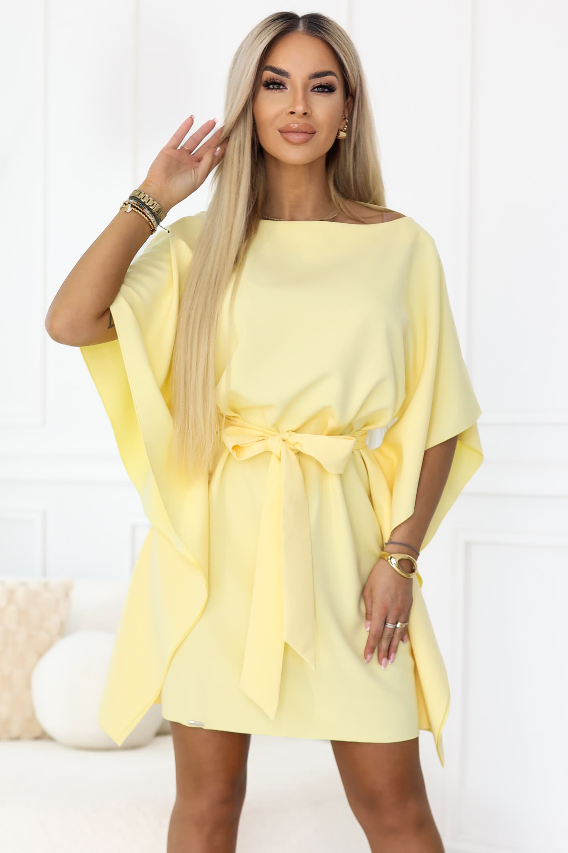 287-41 SOFIA Rochie fluture cu legătură în talie - lămâie pastel