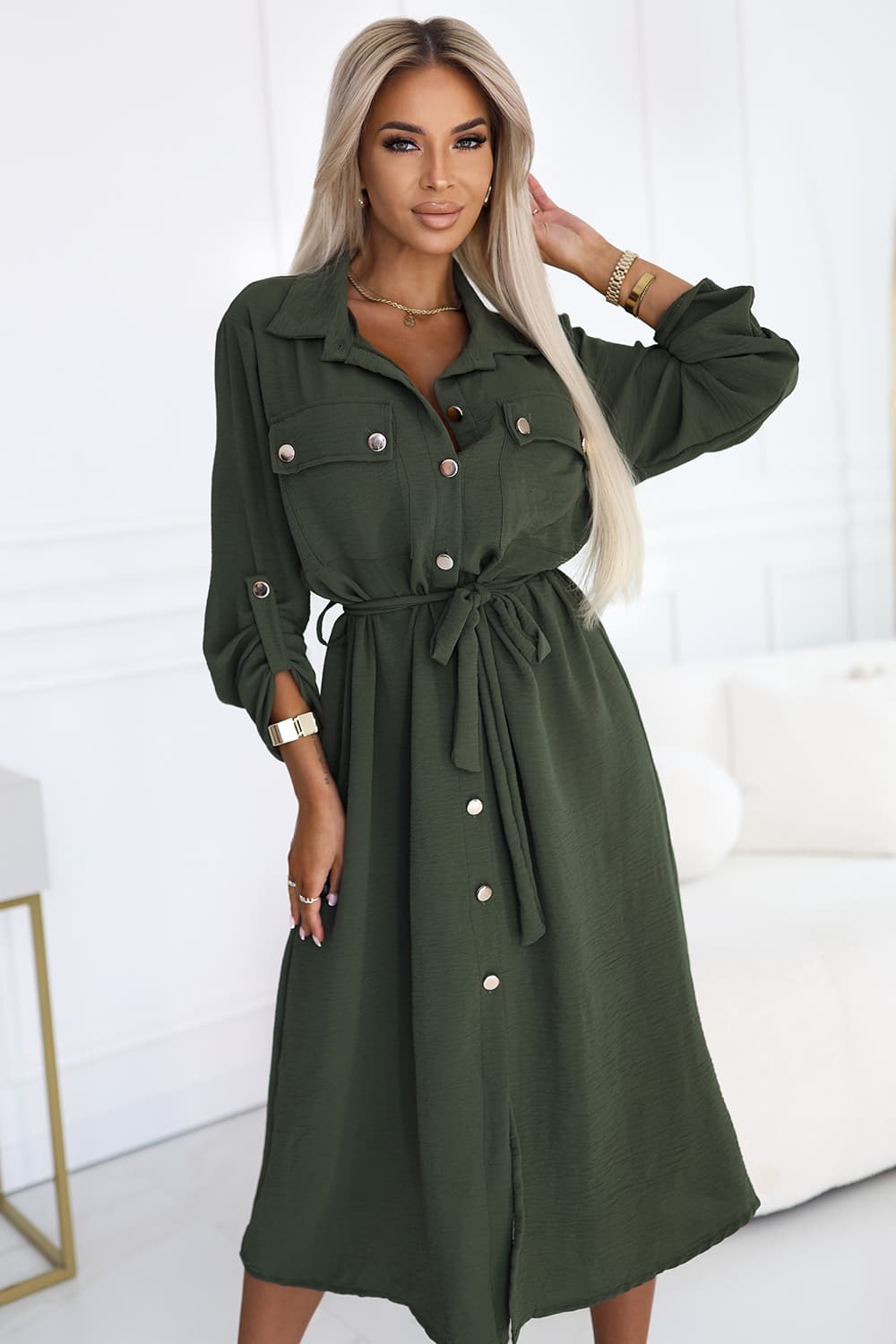 531-5 Rochie midi cu nasturi aurii și cravată - KHAKI