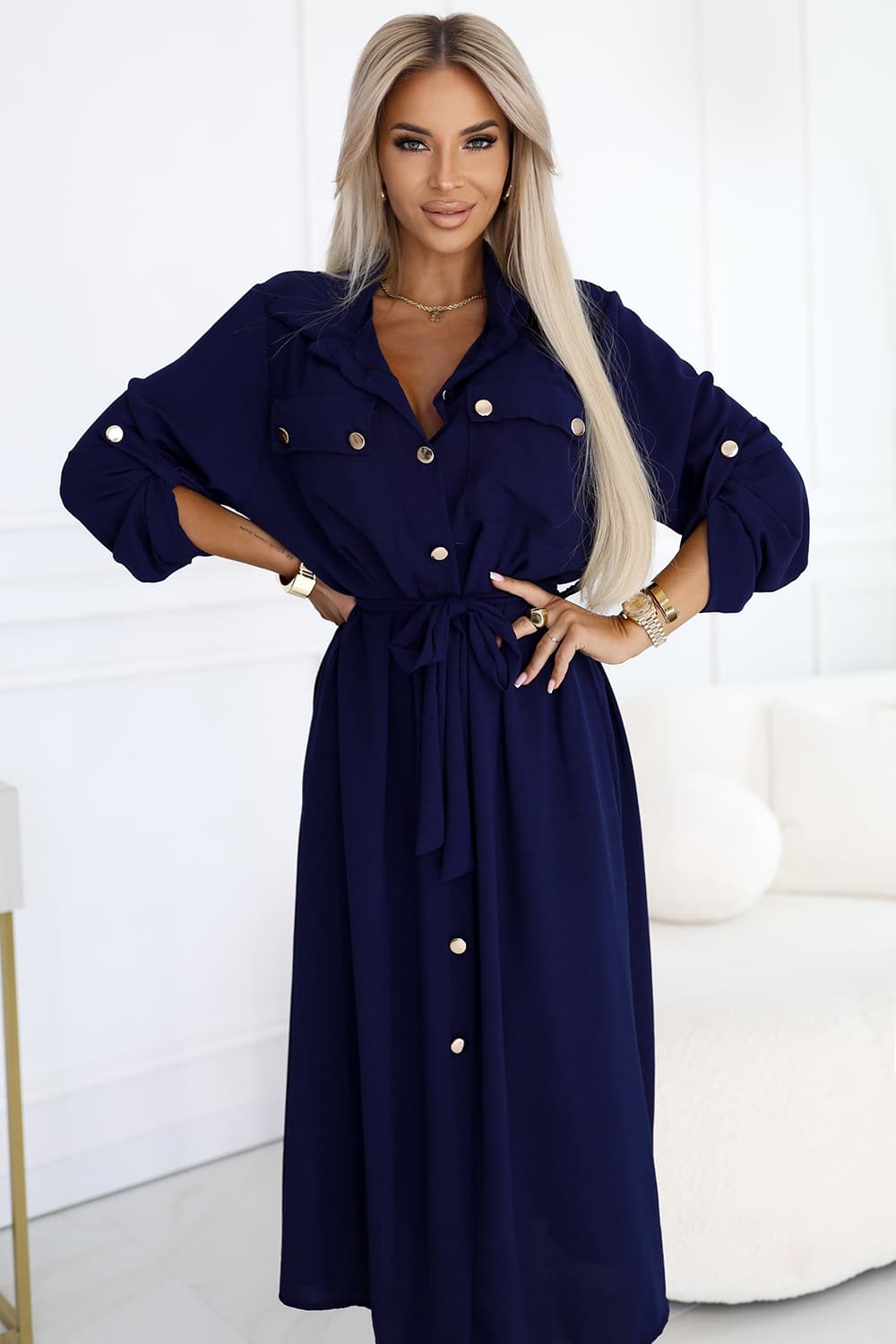 531-6 Rochie midi cu nasturi aurii și cravată - Bleumarin