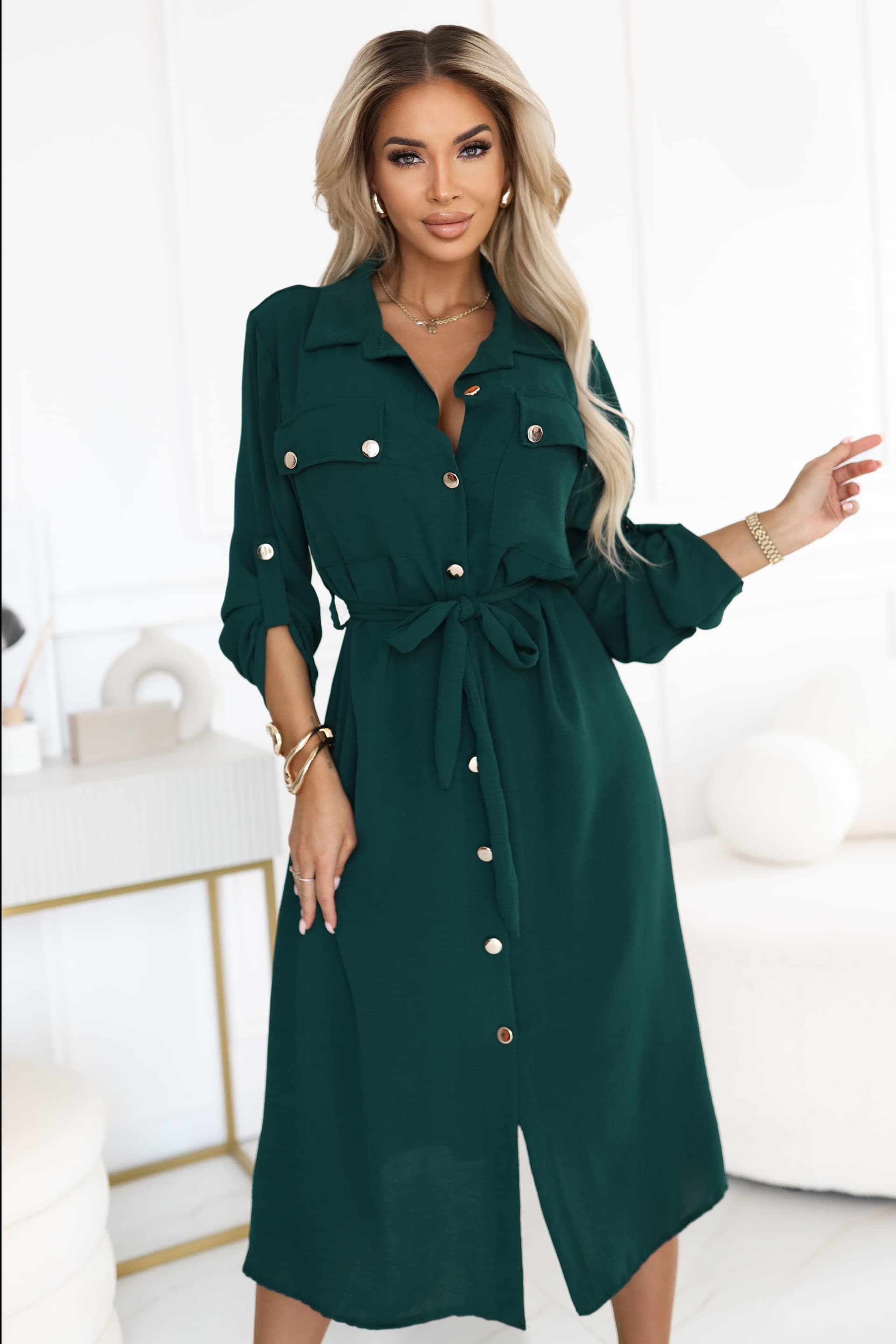 531-7 Rochie midi cu nasturi aurii și nodă - verde