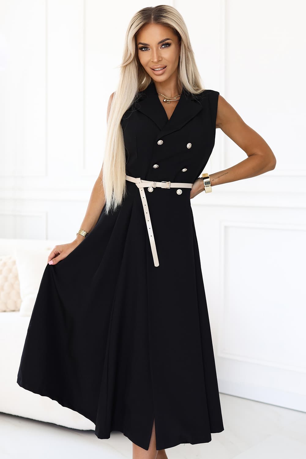 596-3 Rochie elegantă midi cu nasturi aurii și curea - neagră