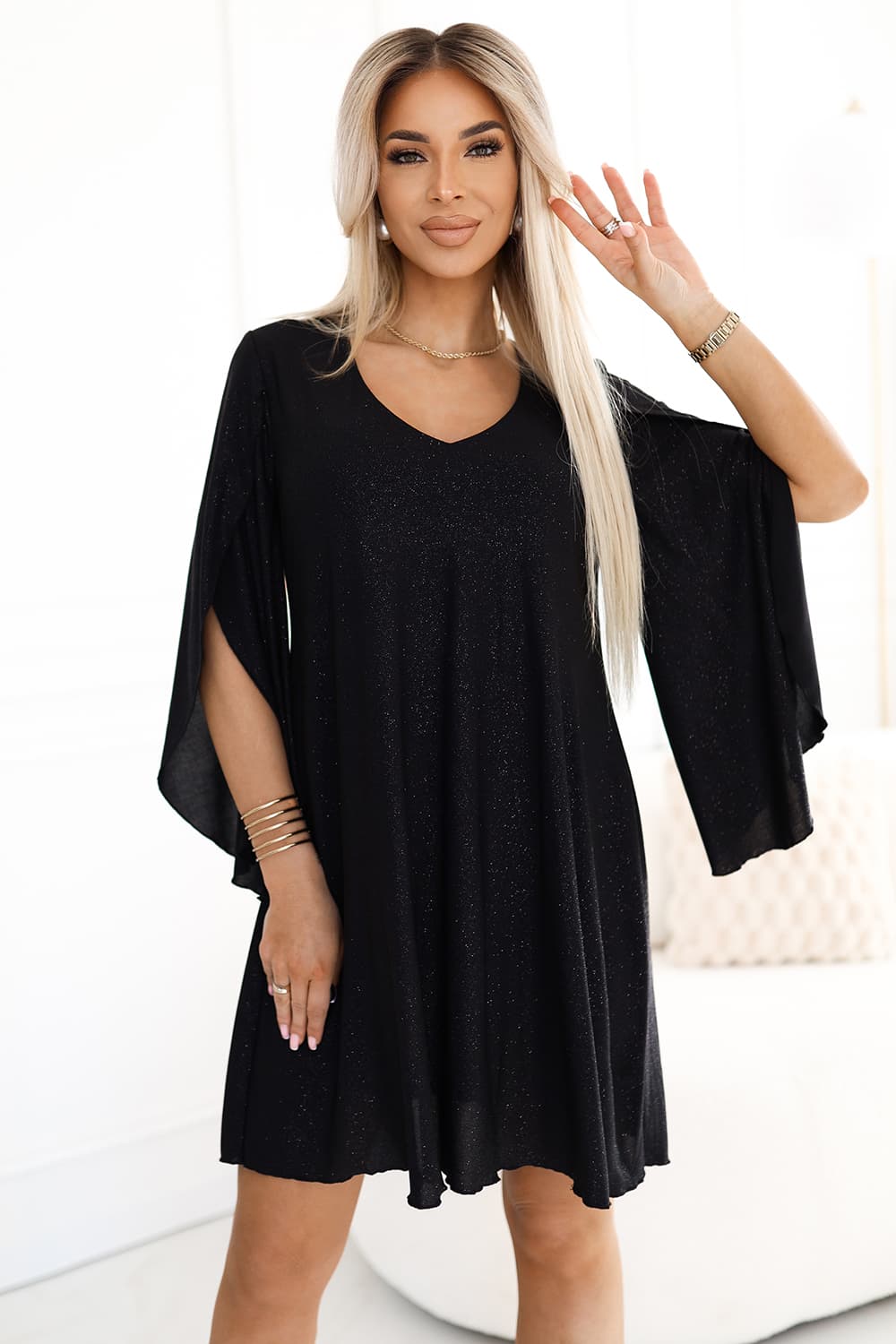 597-1 LIVIA Rochie trapez eleganta cu maneci fluture - neagra cu sclipici