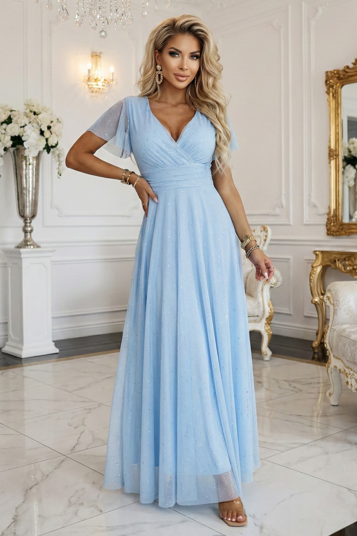 635-6 MELANIA Rochie lungă lucioasă cu decolteu și mânecă scurtă - bleu