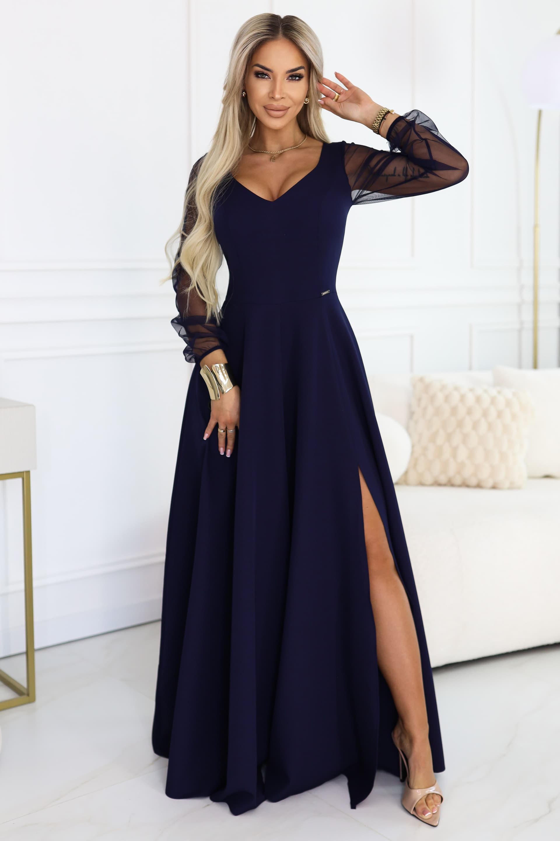 640-3 LORETTA rochie lunga unica cu maneci si decolteu din tul - bleumarin