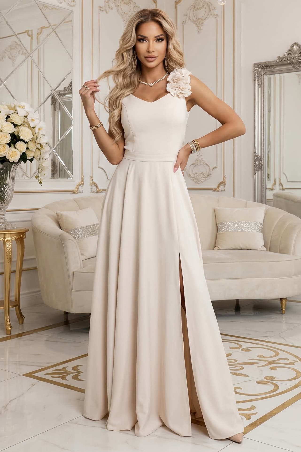 643-3 Rochie maxi elegantă de seară cu șlit și trandafiri - bej