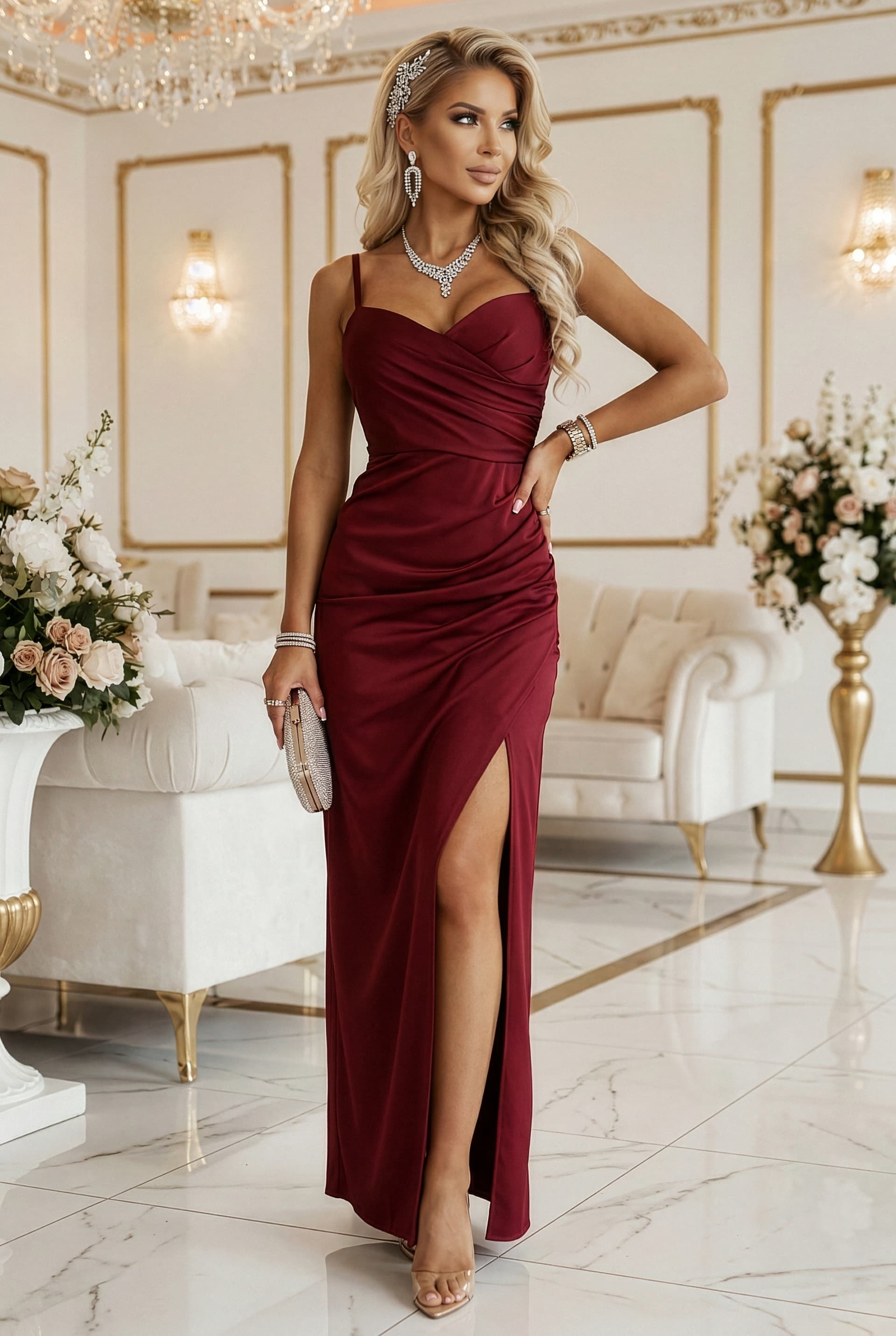 647-1 Rochie maxi lungă, mulată, cu decolteu înfășurat și crăpătură - vișiniu