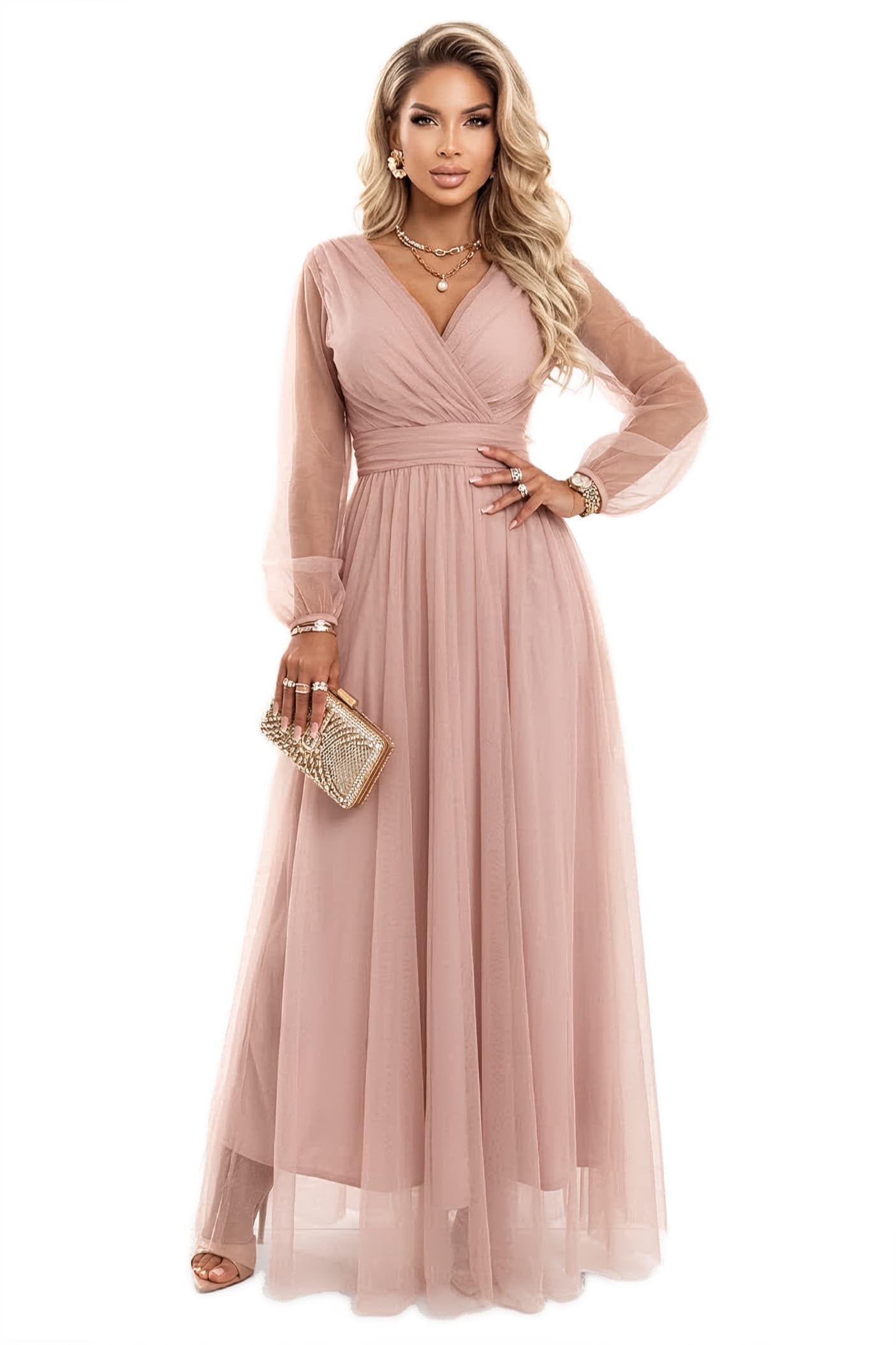 664-1 Rochie maxi lungă cu mâneci din tulle și decolteu tip plic - roz pudră