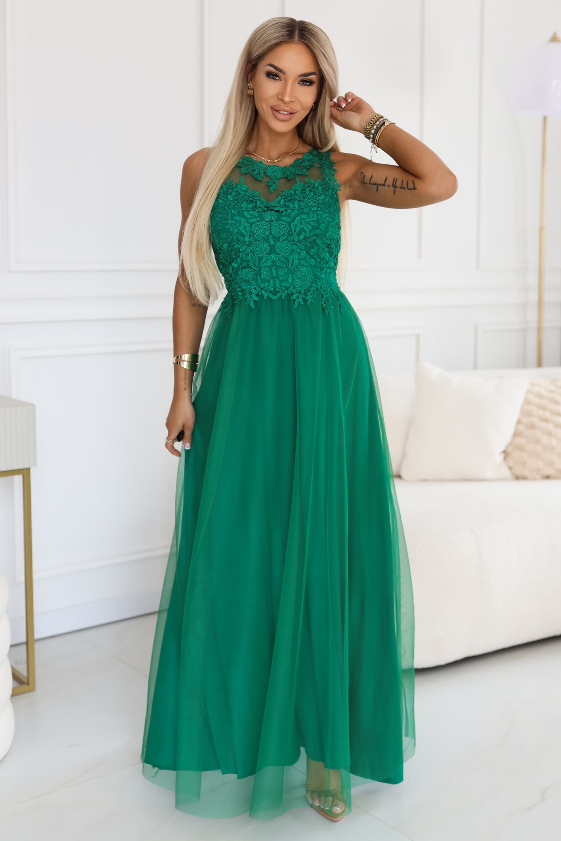 672-3 Rochie maxi romantică pentru nuntă cu dantelă brodată și tul - verde