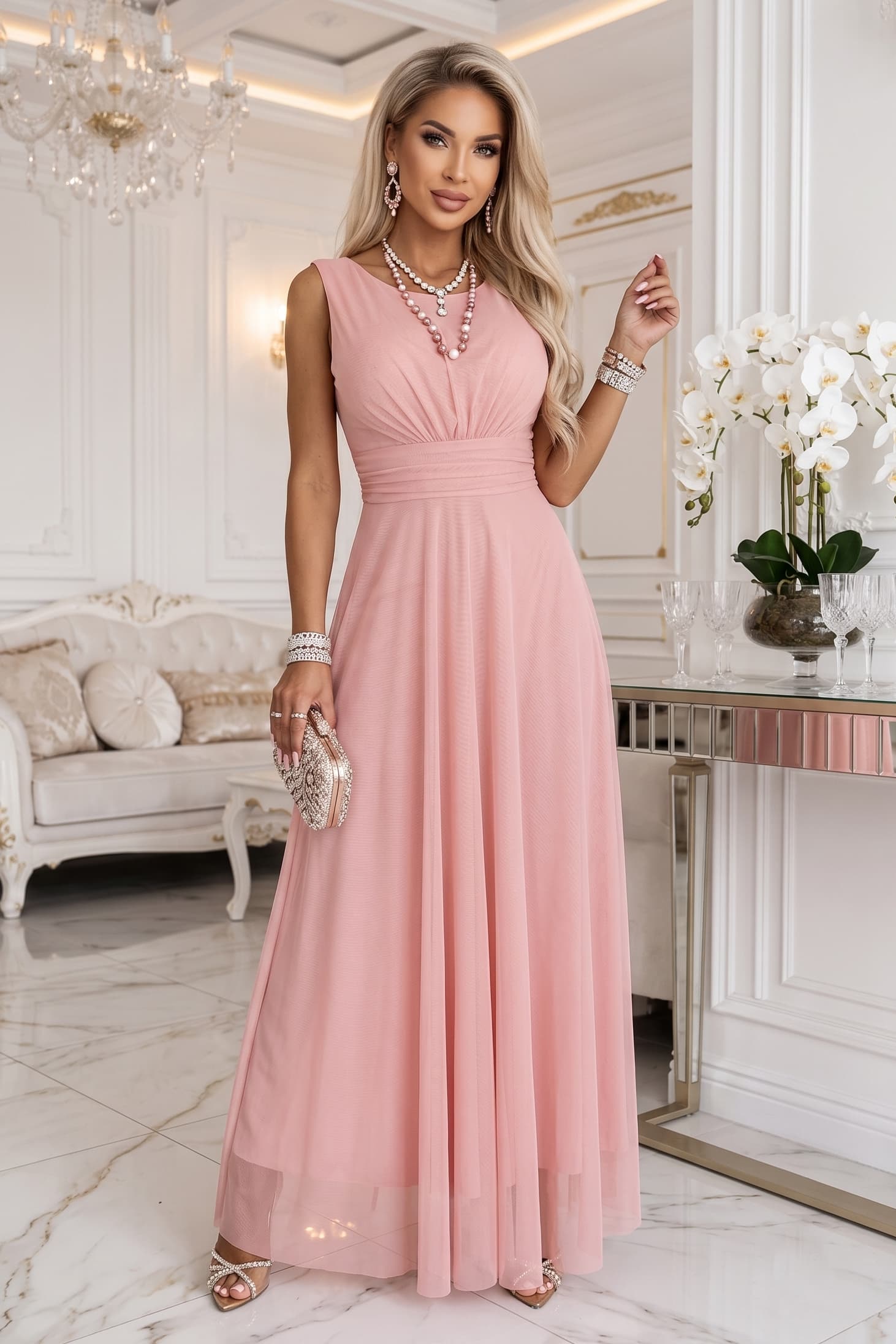 678-5 ELIRA Rochie maxi lungă din tul cu decolteu rotund - roz pudrat